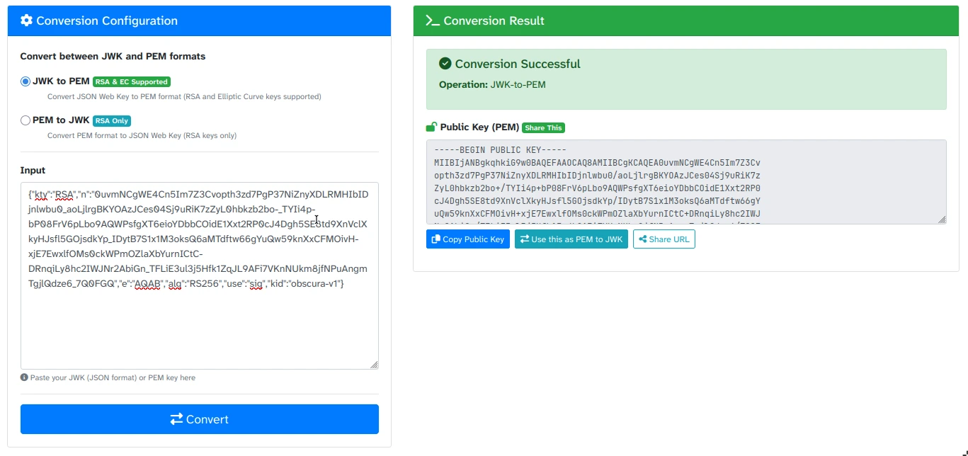 Generated forged HS256 JWT using public RSA key as HMAC secret