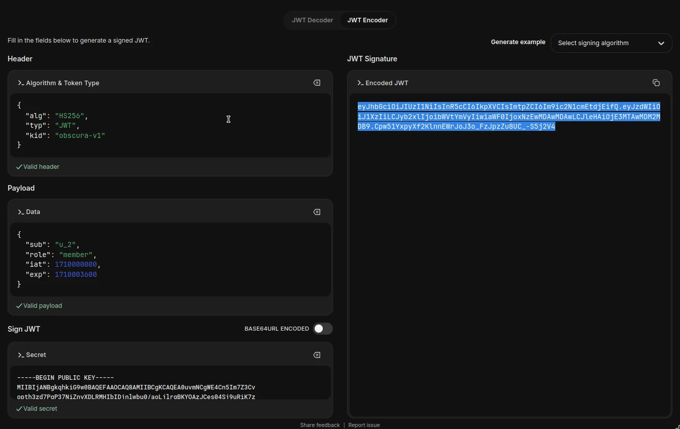 Generated forged HS256 JWT using public RSA key as HMAC secret