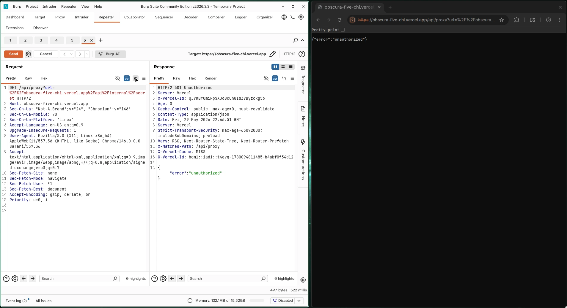 Protocol-relative URL reaches secret route through proxy and returns unauthorized