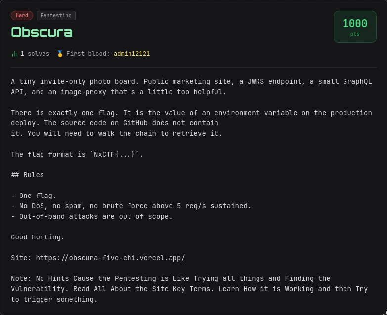 Obscura challenge page on Netanix CTF